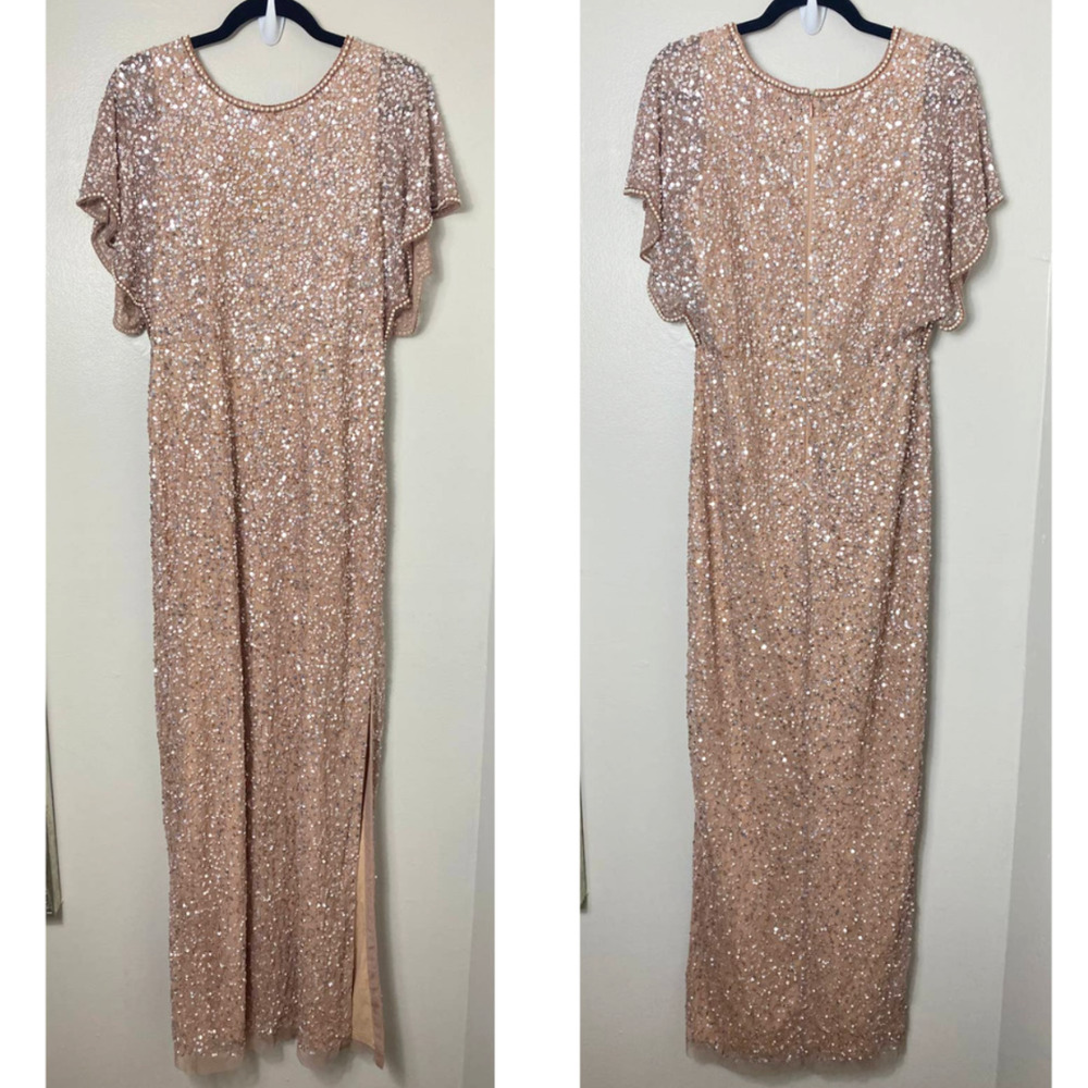 ADRIANNA PAPELL SEQUIN FAUX PEARL BEADED EMBELLISHED MAXI DRESS LONG GOWN 10
